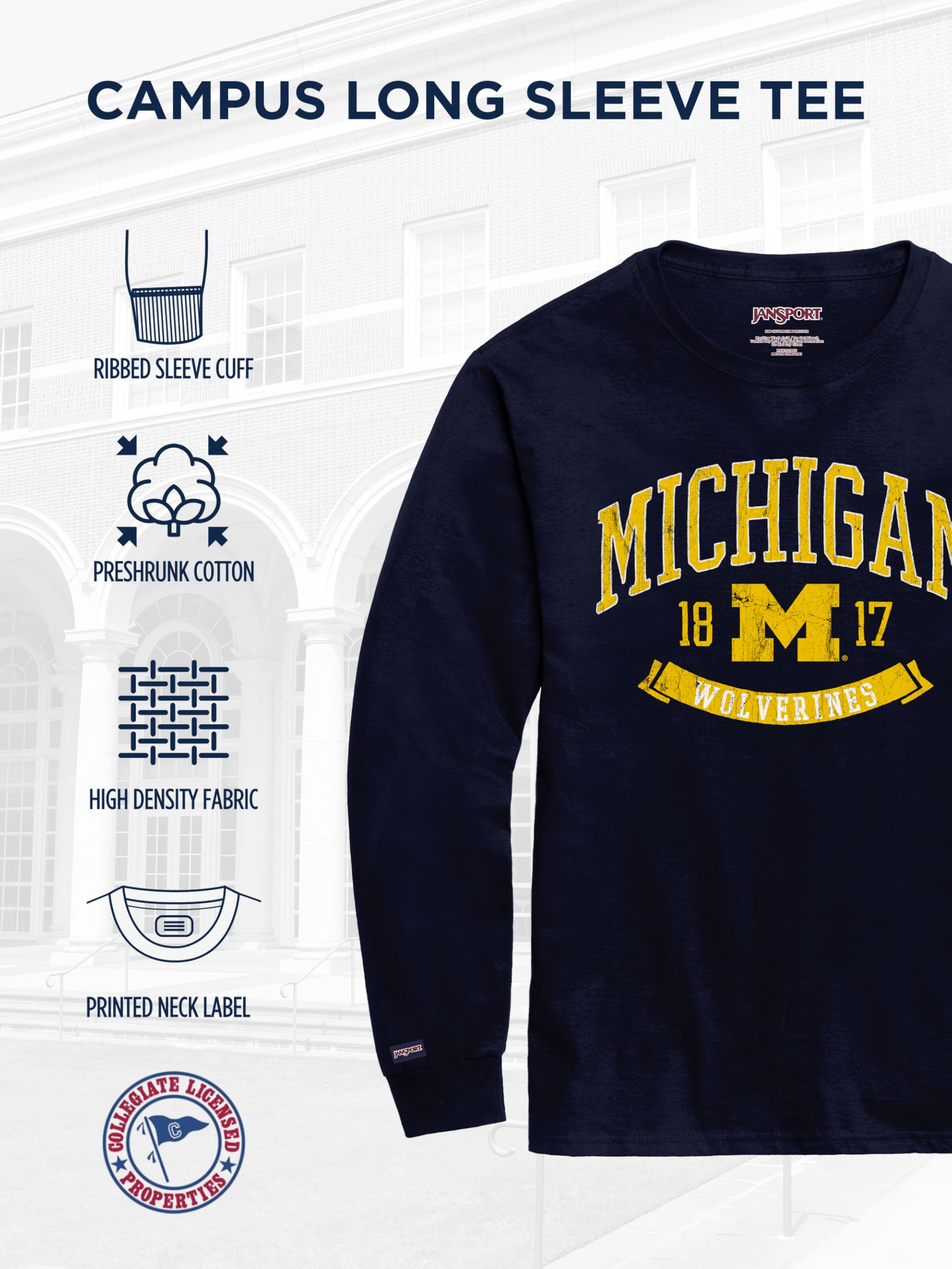 JanSport NCAA Officially Licensed Campus Long Sleeve T Shirt for Men, Soft & Breathable Pre-Shrunk Cotton Crewneck T Shirt - Image 5