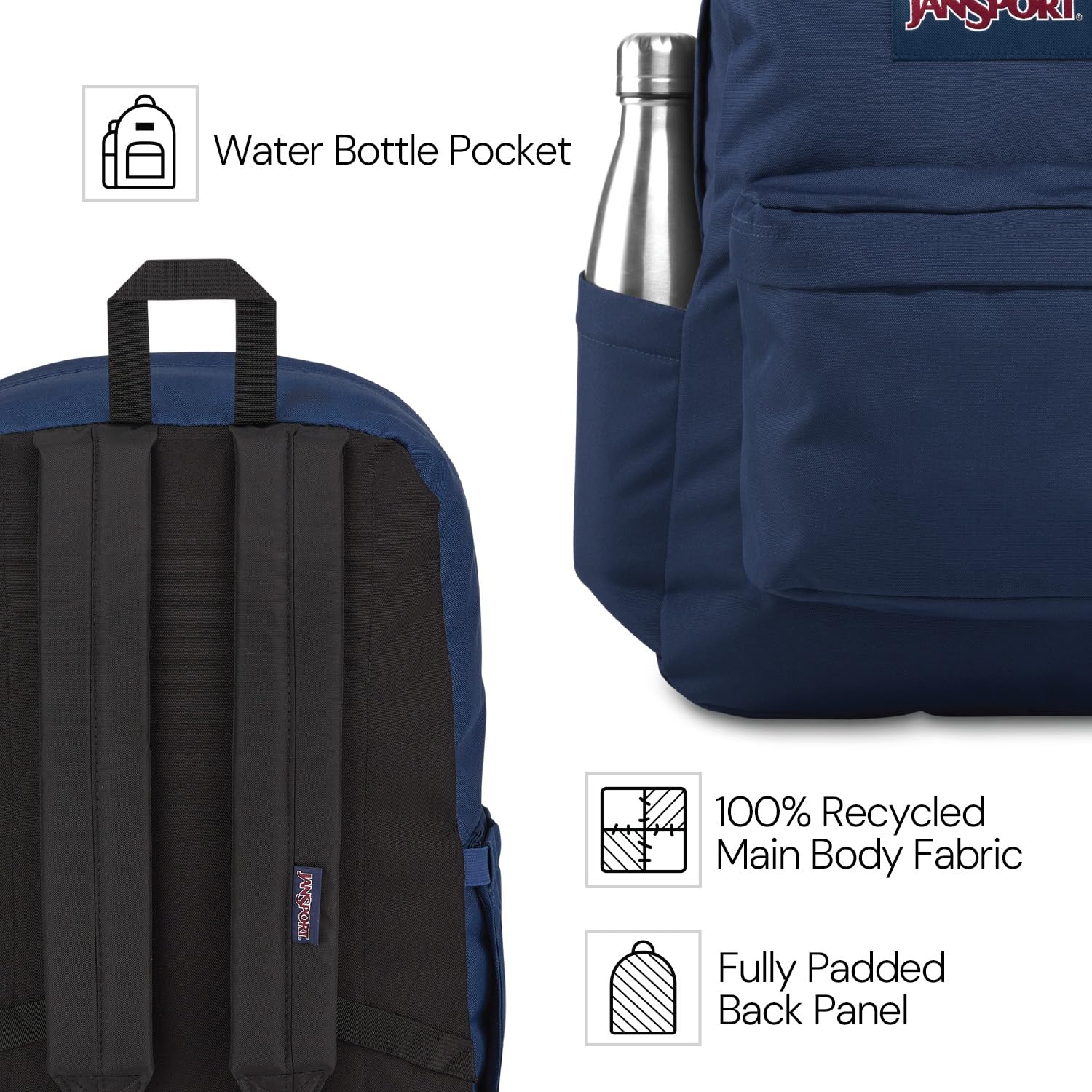 JanSport SuperBreak Plus Backpack with Padded 15-inch Laptop Sleeve and Integrated Bottle Pocket - Spacious and Durable Daypack for Work and Travel - Black - Image 3