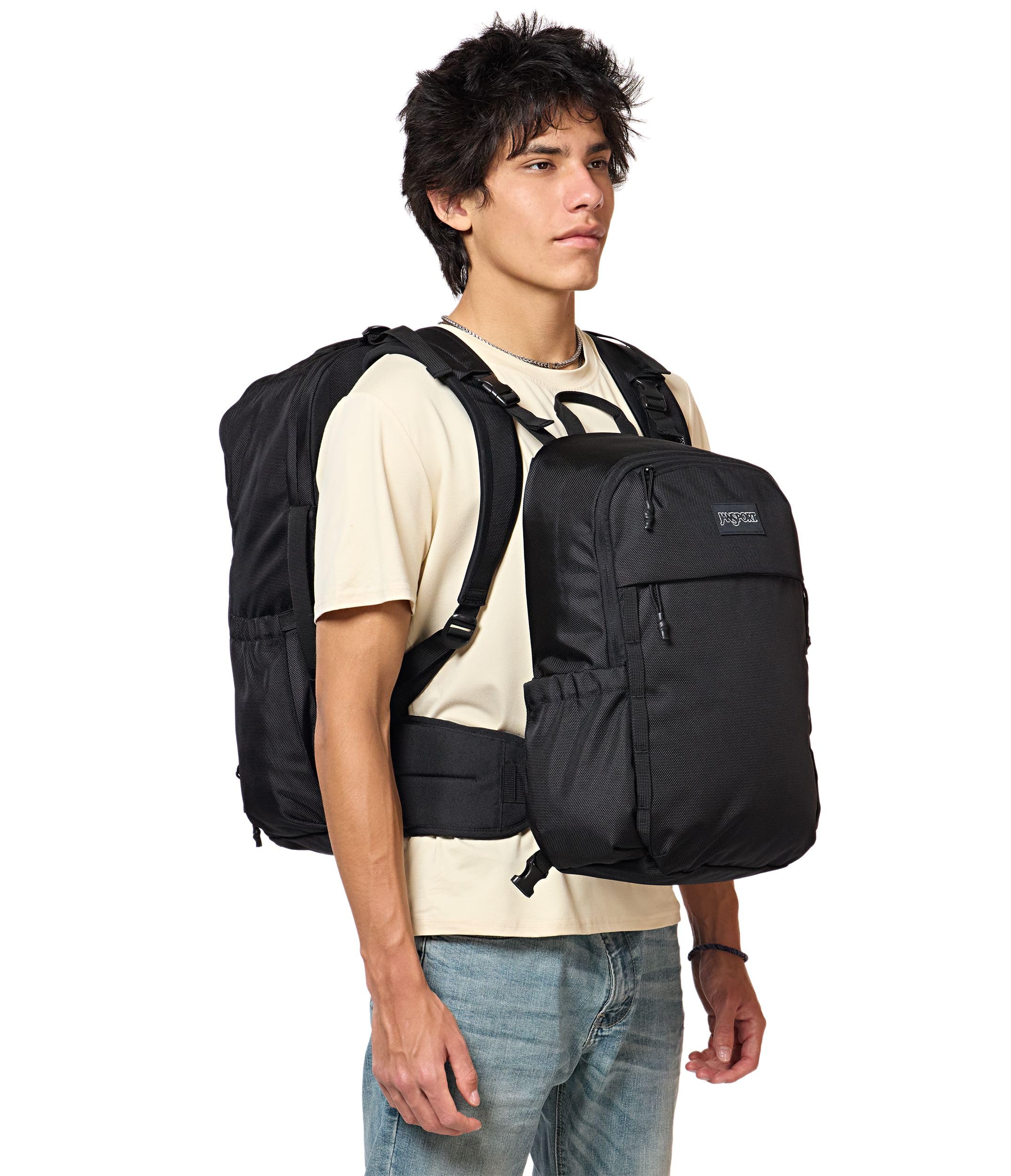 JanSport Venture Pack System – Travel Pack With Large Main Compartment, 4 Water Bottle Pockets, Adjustable Torso Length, Perimeter Wireframe Suspension, Tuck-Away Straps, Padded Hip Belt, Black - Image 3