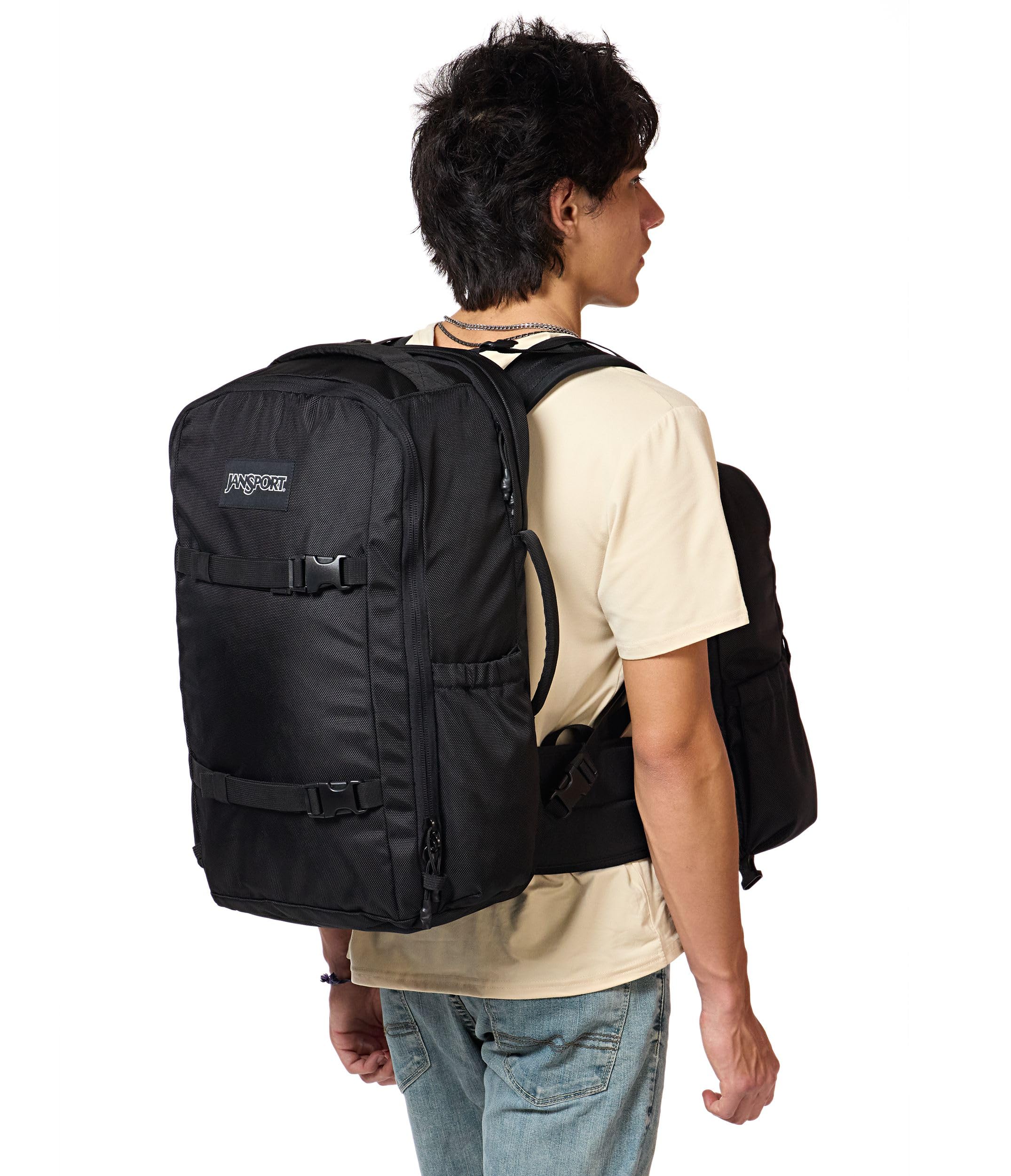 JanSport Venture Pack System – Travel Pack With Large Main Compartment, 4 Water Bottle Pockets, Adjustable Torso Length, Perimeter Wireframe Suspension, Tuck-Away Straps, Padded Hip Belt, Black - Image 4